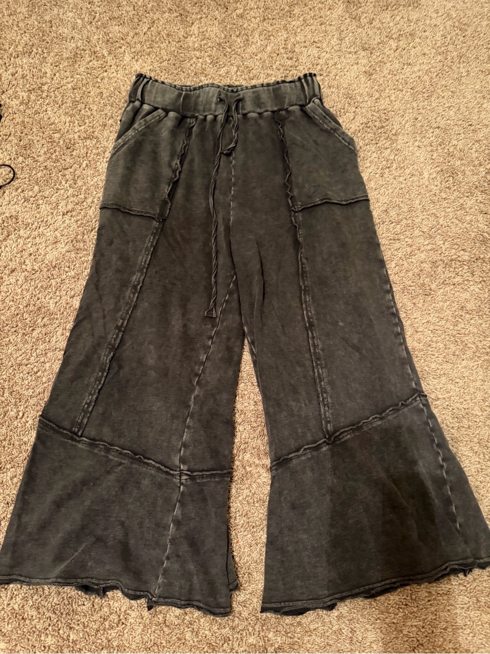 Boutique Wide Leg Drawstring Pants in Washed Black